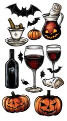 Sticker - A collection of halloween items including a wine glass, a bottle of wine, a bat and a pumpkin