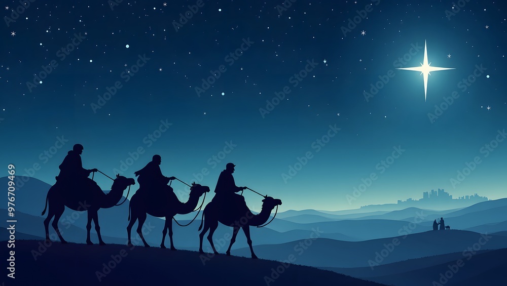 Wise Men Following the Star, Three wise men riding camels in the desert ...