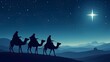 © Marco Mamdouh - Wise Men Following the Star, Three wise men riding camels in the desert, following a bright star. Silhouette illustration.