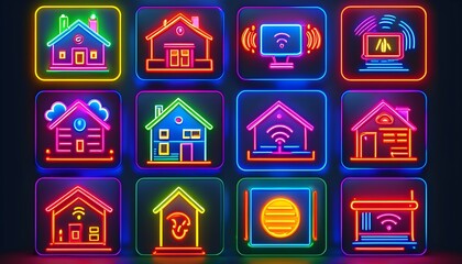 Wall Mural - Vibrant Neon Icons for Smart Home App Featuring Control, Security, Energy Management, and Communication on Dark Background