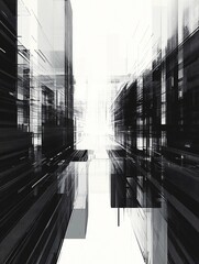 Wall Mural - abstract black and white city landscape with tall buildings and a bright white light at the end of t