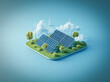 © DBFilms - 3D isometric illustration of a photovoltaic farm with solar panels and wind turbines in a green landscape under a blue sky.