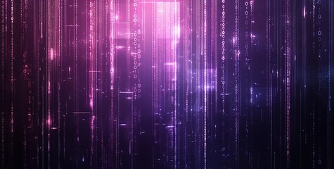 Wall Mural - abstract digital background with pink and purple hues and glowing lines of binary code.