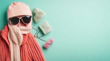 A pink knitted hat, scarf and sweater with sunglasses and two green knitted hats on a light blue background.