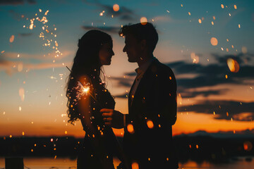 in the evening, a couple by the lake