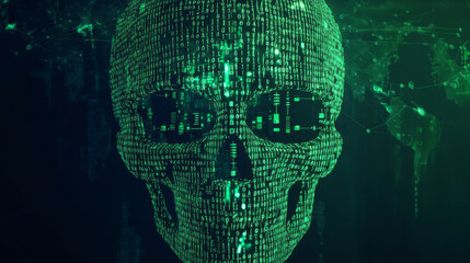 Vector illustration of a skull made from green binary code. Represents internet piracy, hacking, and security concerns. Features malware, virus, ransomware, and system glitches, abstractly visualizing