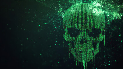 Vector illustration of a skull made from green binary code. Represents internet piracy, hacking, and security concerns. Features malware, virus, ransomware, and system glitches, abstractly visualizing