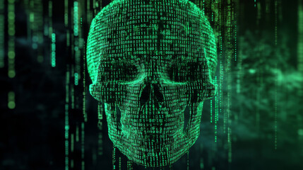 vector illustration of a skull made from green binary code. represents internet piracy, hacking, and