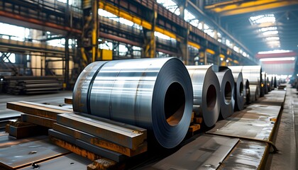 Sticker - Close-up of Rolled Metal Sheets in an Industrial Factory Symbolizing Manufacturing and Metalworking