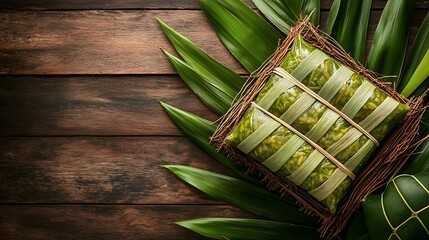 Green Sticky Rice Wrapped in Leaves on Wooden Background