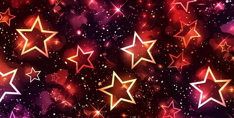 Wall Mural - Red and gold stars on a black background with glitter. A festive and celebratory background.