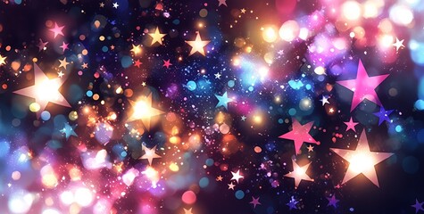 Wall Mural - Festive background with colorful stars and bokeh lights.