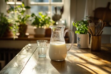 Wall Mural - A glass and a jug of fresh milk sit on a rustic wooden table. Sunlight streams in through the window highlighting the simple beauty of the scene. Generative AI