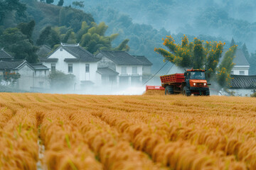 During the harvest season, harvesters work in the fields