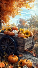 Canvas Print - A wooden cart filled with pumpkins and sunflowers