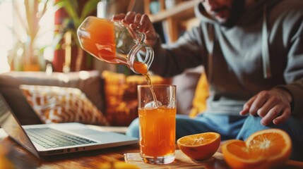 Man pouring orange juice in a glass