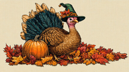 Sticker - A turkey wearing a pilgrim's hat sitting on a pile of leaves