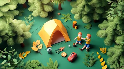 Happy family camping in the woods, flat design, top view, outdoor adventure theme, 3D render, vivid