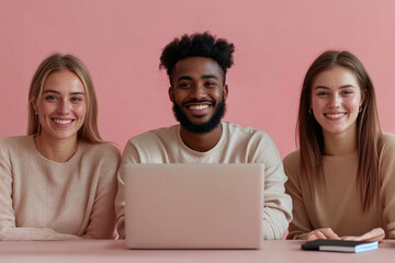 Wall Mural - Several colleagues sitting at the desk. Pink background