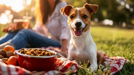 Happy Dog on Picnic Blanket with Owner and Food