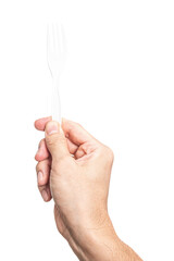 Wall Mural - Male hand holding a white plastic fork isolated on white background.