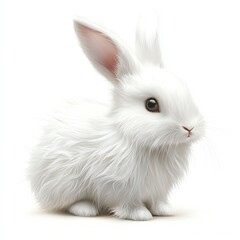 A cute white rabbit with fluffy fur, sitting gracefully in a serene setting. Ideal for nature and animal themes.