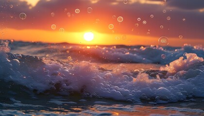 Serene Sunset Over Ocean Waves and Floating Bubbles