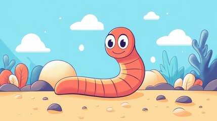 Canvas Print - A minimalistic vector of an earthworm rising from the soil, blending clean shapes with earthy shades in a modern look.