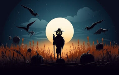 Halloween Scarecrow Silhouette With Flying Crows Under Full Moon