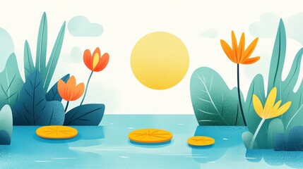 Wall Mural - Explore a tranquil pond adorned with lily pads, crafted in a minimalist vector style with soft pastels.