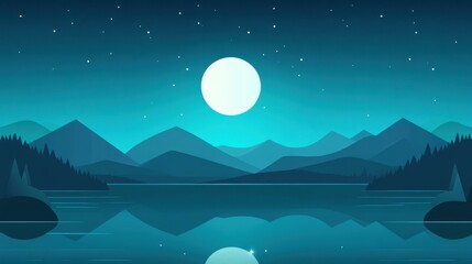 Wall Mural - A charming scene of a misty night with moonlight reflecting on calm water, enriched with vibrant cartoon textures.