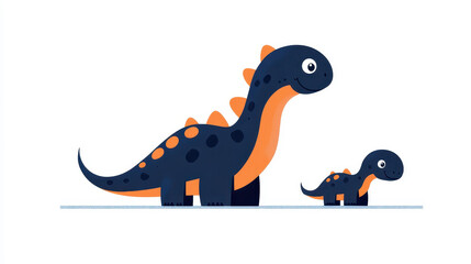 Canvas Print - A delightful cartoon shows a mother dinosaur and her young in a textured flat style with detailed outlines.