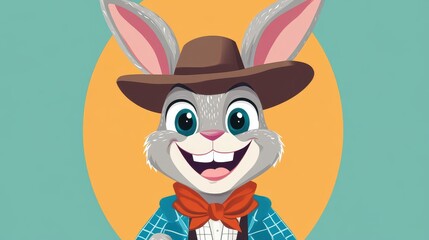 Poster - A happy bunny cowboy flashes a big grin in this fun, textured cartoon illustration, filled with vibrant colors.