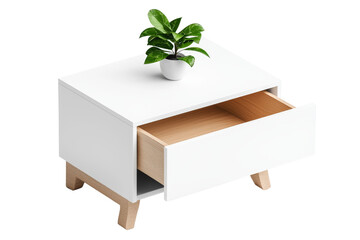 Wall Mural - Minimalist white nightstand with an open drawer and a plant