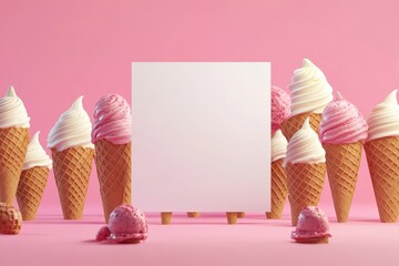 A row of ice cream cones with a white sign in the middle