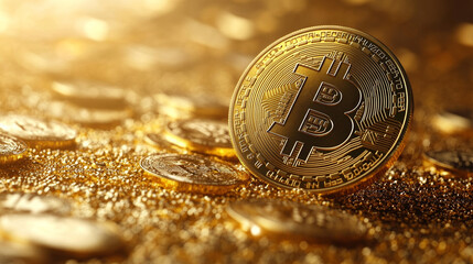 Wall Mural - Shiny Gold Bitcoin Coin Reflects Monochrome Gold Background