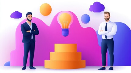 Two businessmen stand confidently beside a glowing light bulb on a podium, symbolizing innovation and teamwork in a vibrant setting.