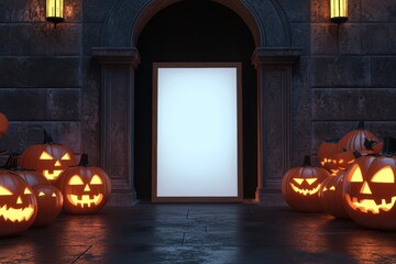 A white sign is in front of a group of pumpkins