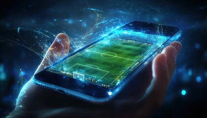 Digital Betting Concept with Futuristic Smartphone Displaying Virtual Soccer Field and Dynamic Effects