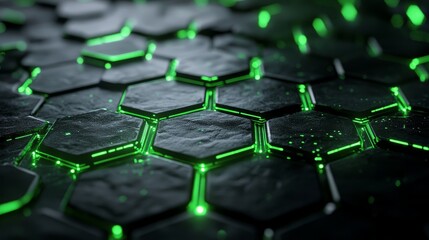 Vibrant neon green hexagons, interconnected glowing lines, tech-inspired digital structure, futuristic cybernetic web, 3D illustration, dark black background