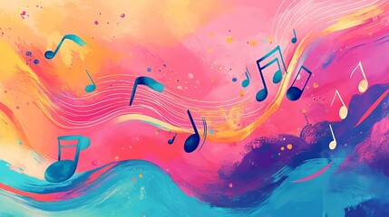 A vibrant and colorful background designed for World Music Day social media posts. It features an illustration of a music poster, wavy music notes, a greeting card, and a banner, all combining to crea