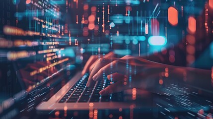 Close up of hacker hands typing on laptop keyboard with binary code on background