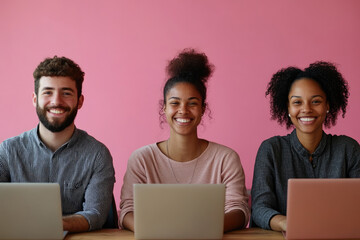 Wall Mural - Several colleagues sitting at the desk. Pink background