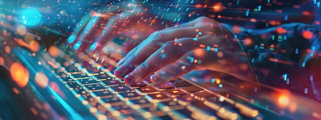Close up of hacker hands typing on laptop keyboard with binary code on background