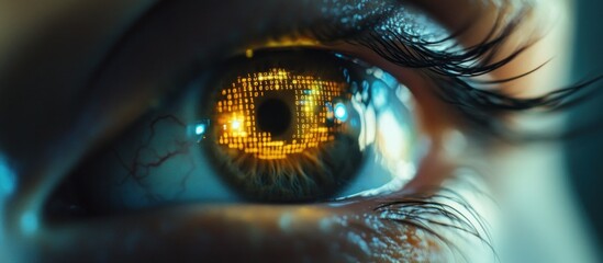 Poster - Digital Eye: A Close-Up of a Human Eye with Binary Code Reflected in the Pupil