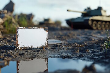 A white sign is on the ground next to a tank