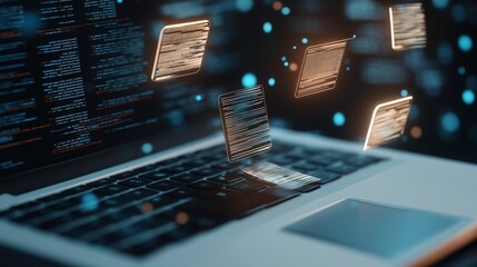 Code in Motion: A laptop with glowing code floating above the keyboard, showcasing the vibrant energy and dynamism of software development.