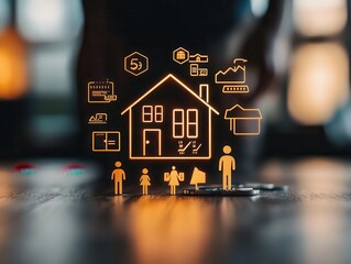 A family standing in front of their new home, with the words  Fixed Mortgage  glowing above, surrounded by secure financial symbols