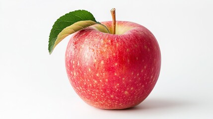 A bright pink Fuji apple, fresh and juicy, with a green leaf, set against a white background, looking ready to eat.