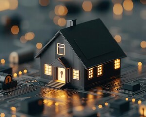 A house surrounded by glowing locks and percentages, symbolizing the predictability and security of a fixed mortgage loan